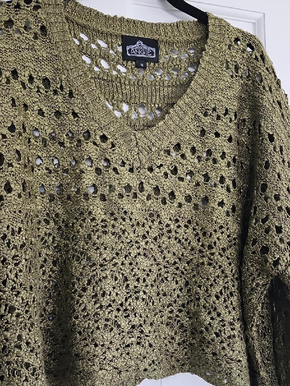 Angie Olive Crochet V-Neck Knit Sweater - Picture 2 of 7